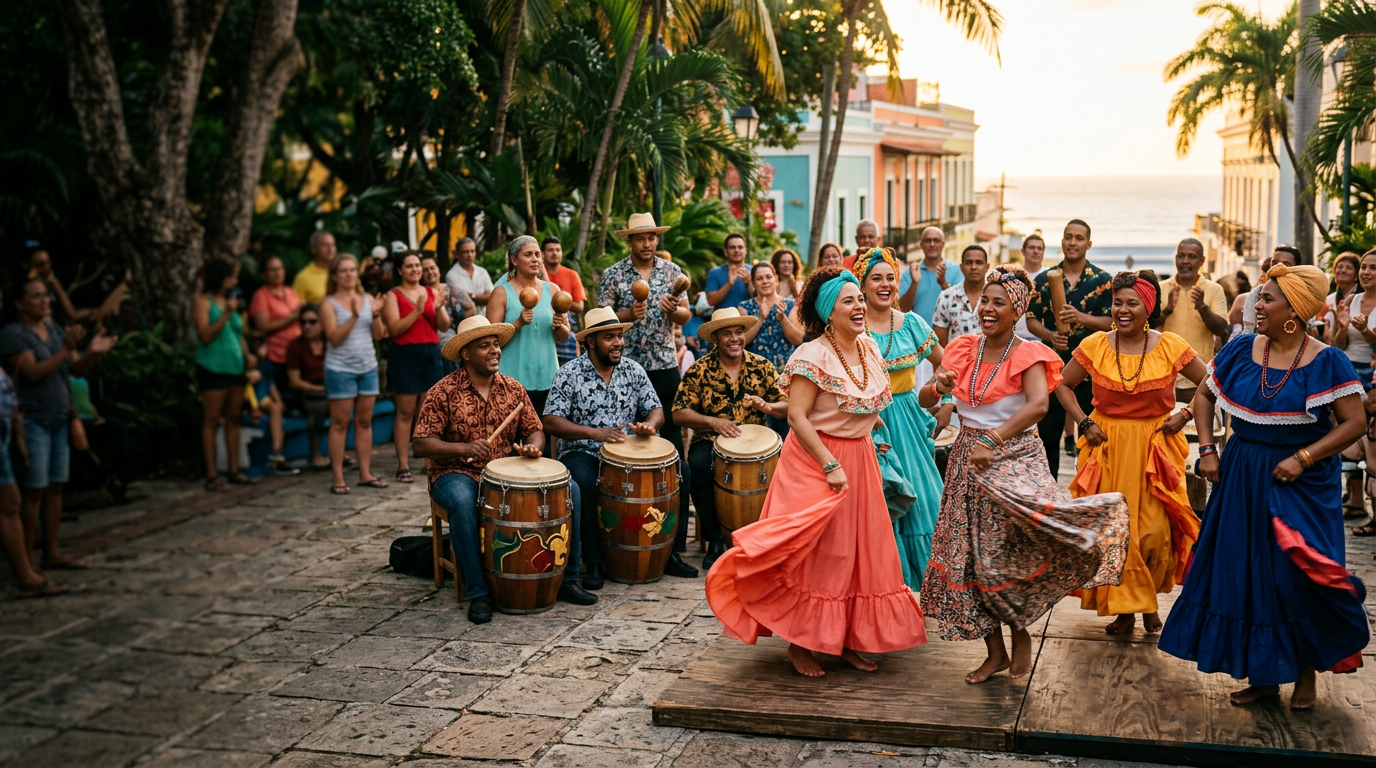 Agrupación puertorriqueña de Bomba tocando y bailando